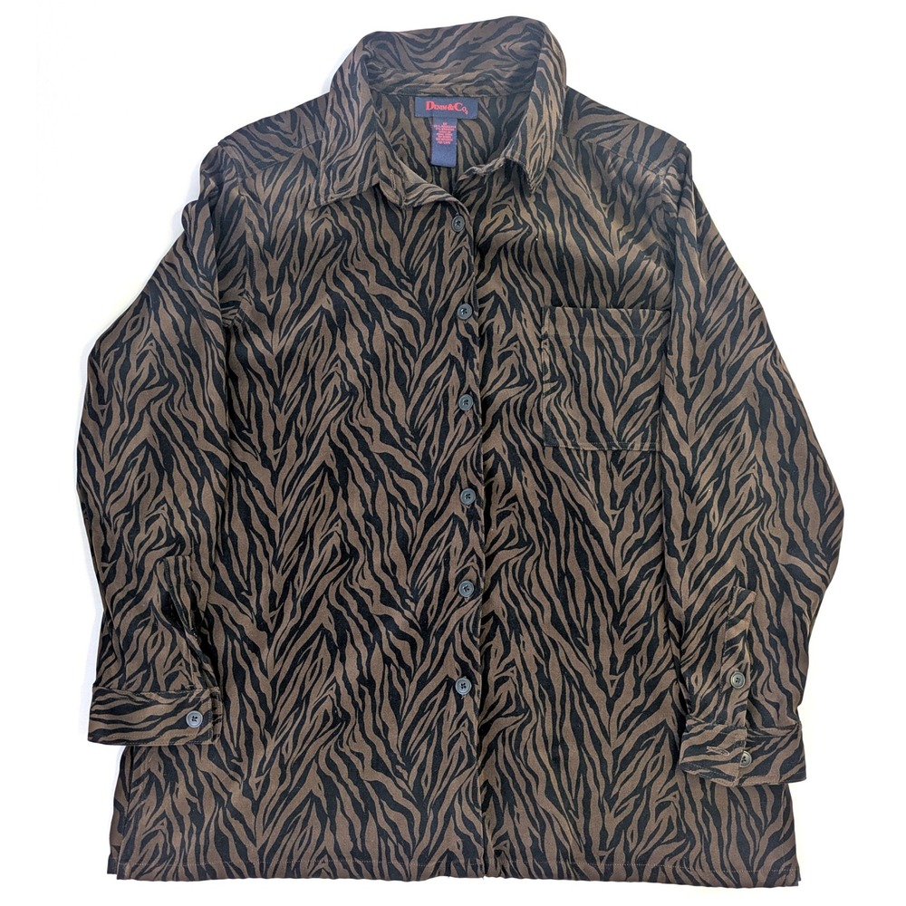 Denim & Co Womens 1X Brown Black Tiger Animal Print Button Front Shirt Blouse - Picture 2 of 4